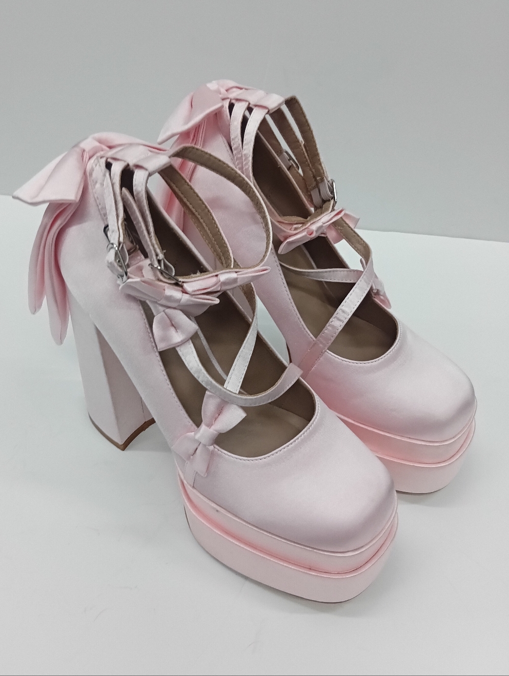 NEW Lolita Satin Mary Jane Chunky Platform Heels w/Bows and Ankle Straps Size 9